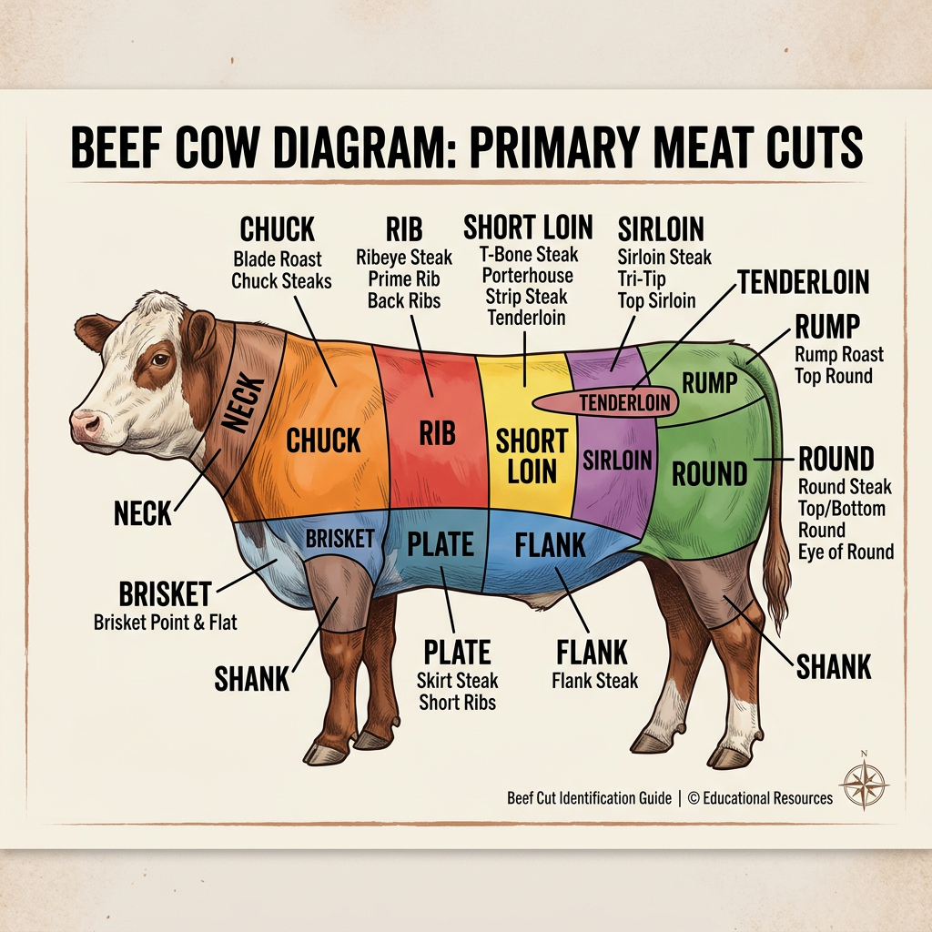 Diagram of beef cow showing primary meat cuts labeled with steak and roast names.