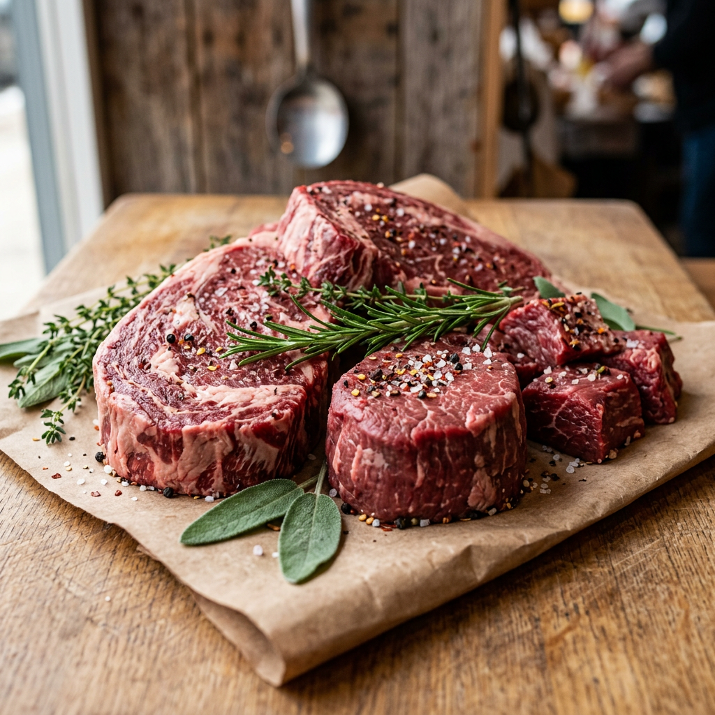 Raw ribeye and filet mignon steaks seasoned with salt, pepper, and fresh rosemary and sage on parchment paper