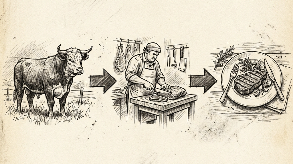 Drawing of a cow, butcher cutting meat, and plated steak meal