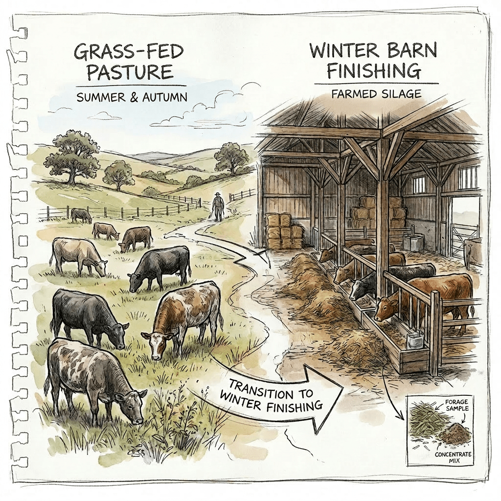 Cattle grazing on grass in summer pasture and inside barn eating rationed forage and concentrate in winter