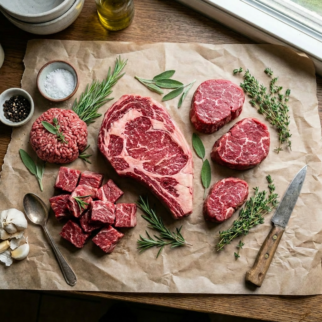 Raw ribeye steak, filet mignon, beef cubes, rosemary, sage, and thyme on a wooden cutting board